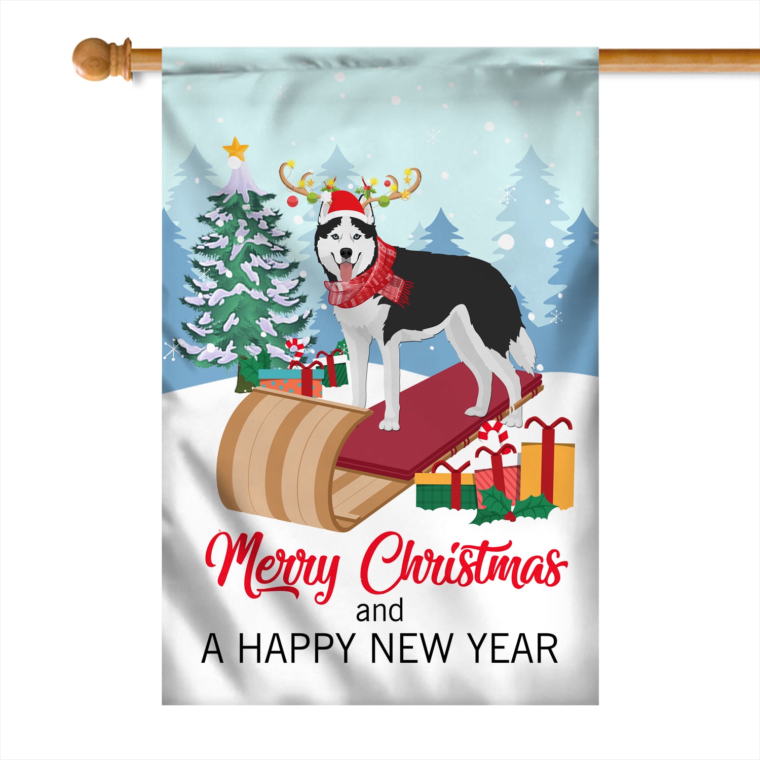 Dog Siberian Husky Christmas Flag Merry Christmas and Happy New Year Welcome Gift for Dog Lovers Flag | Teecentury.com