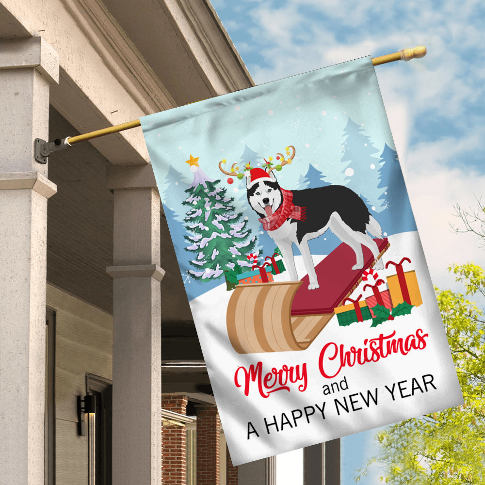 Dog Siberian Husky Christmas Flag Merry Christmas and Happy New Year Welcome Gift for Dog Lovers Flag | Teecentury.com