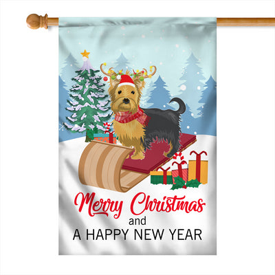 Dog Yorkie Christmas Flag Merry Christmas and Happy New Year Welcome Gift for Dog Lovers Flag | Teecentury.com