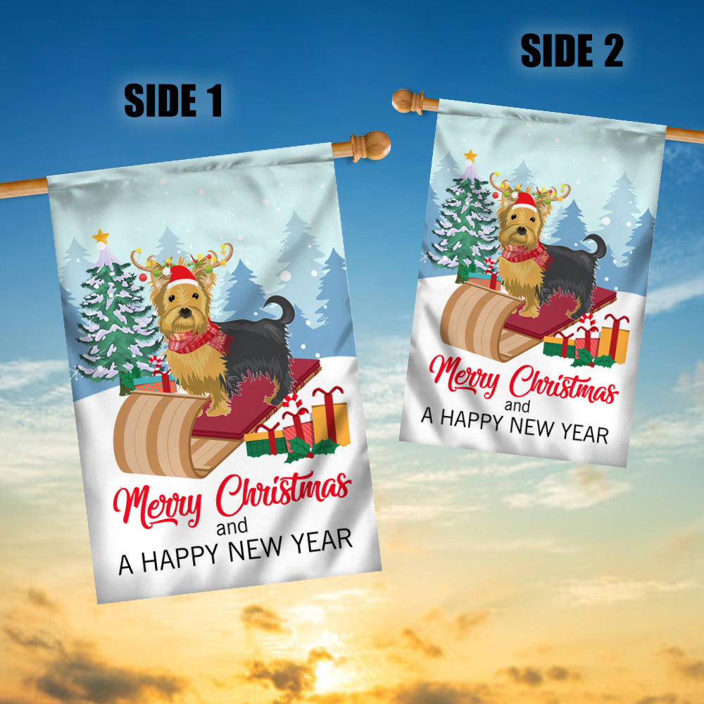 Dog Yorkie Christmas Flag Merry Christmas and Happy New Year Welcome Gift for Dog Lovers Flag | Teecentury.com