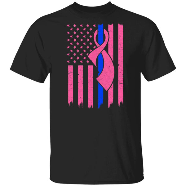 Blue Line Police US Flag Pink Ribbon Breast Cancer Awareness Gift T-shirts Unisex Tees Black/S