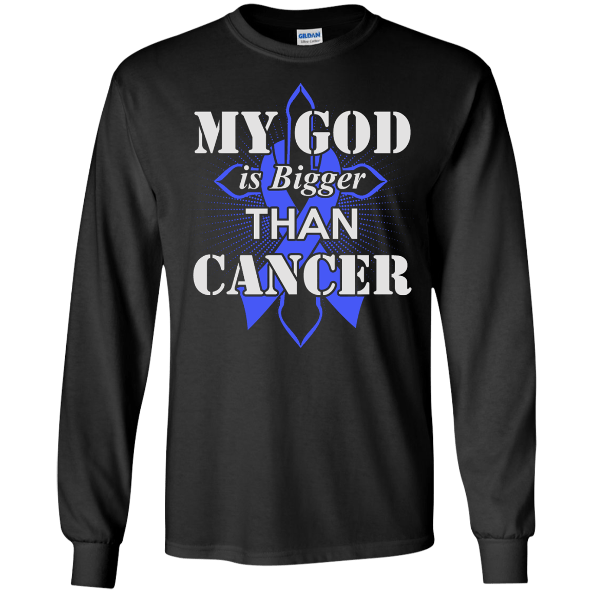 My God Is Bigger Than Cancer Blue Awareness Ribbon T-Shirt & Hoodie | Teecentury.com