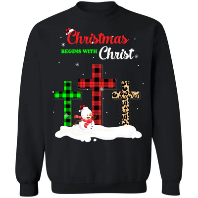 Christmas Begins With Christ Cross Buffalo Plaid Xmas Gift T-Shirt & Sweatshirt | Teecentury.com