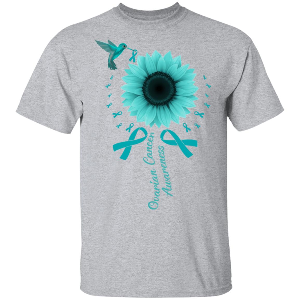Hummingbird Sunflower Teal Ribbon Ovarian Cancer Awareness T-Shirt