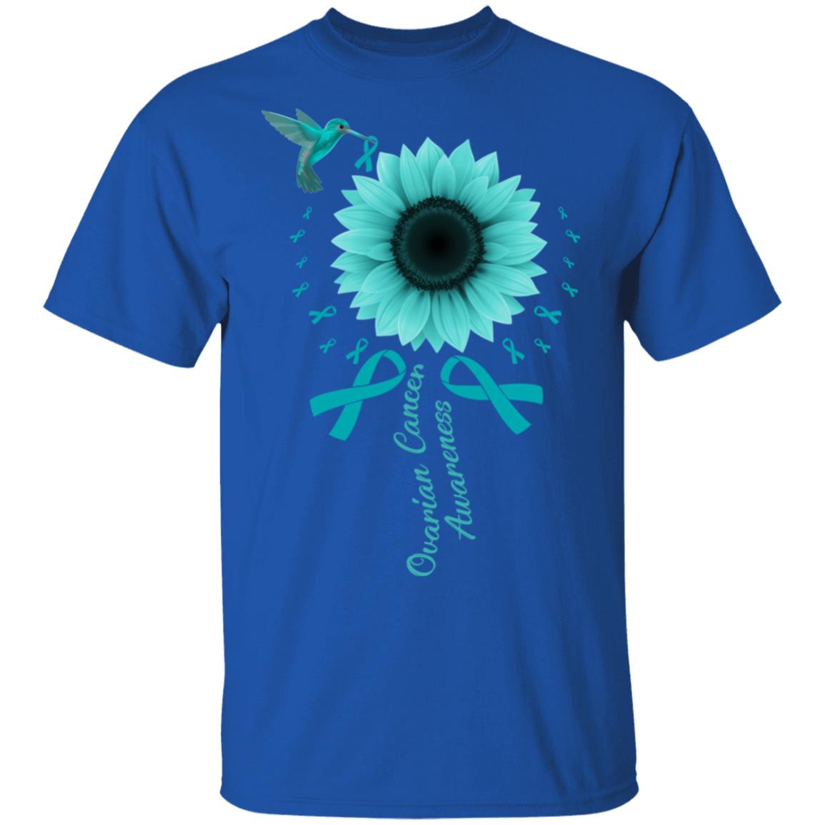Hummingbird Sunflower Teal Ribbon Ovarian Cancer Awareness T-Shirt