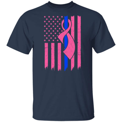 Blue Line Police US Flag Pink Ribbon Breast Cancer Awareness T-Shirt & Hoodie | Teecentury.com