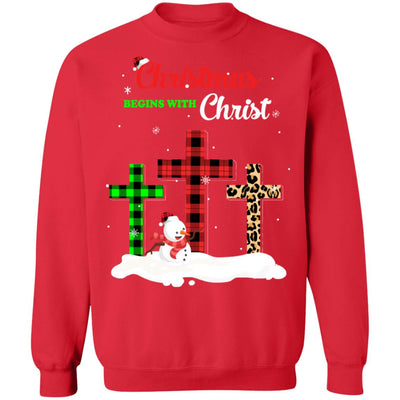 Christmas Begins With Christ Cross Buffalo Plaid Xmas Gift T-Shirt & Sweatshirt | Teecentury.com