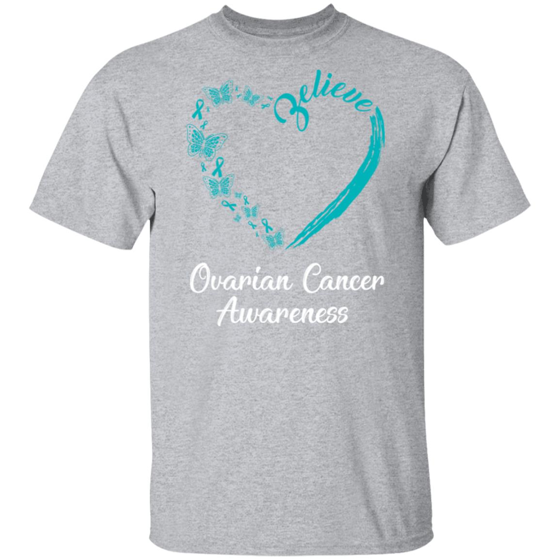Butterfly Believe Ovarian Cancer Awareness Ribbon Gifts T-Shirt & Hoodie | Teecentury.com