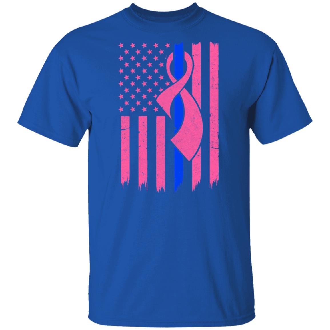 Blue Line Police US Flag Pink Ribbon Breast Cancer Awareness T-Shirt & Hoodie | Teecentury.com
