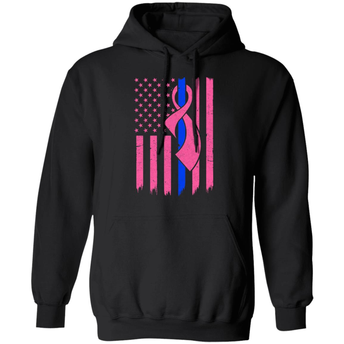 Blue Line Police US Flag Pink Ribbon Breast Cancer Awareness T-Shirt & Hoodie | Teecentury.com