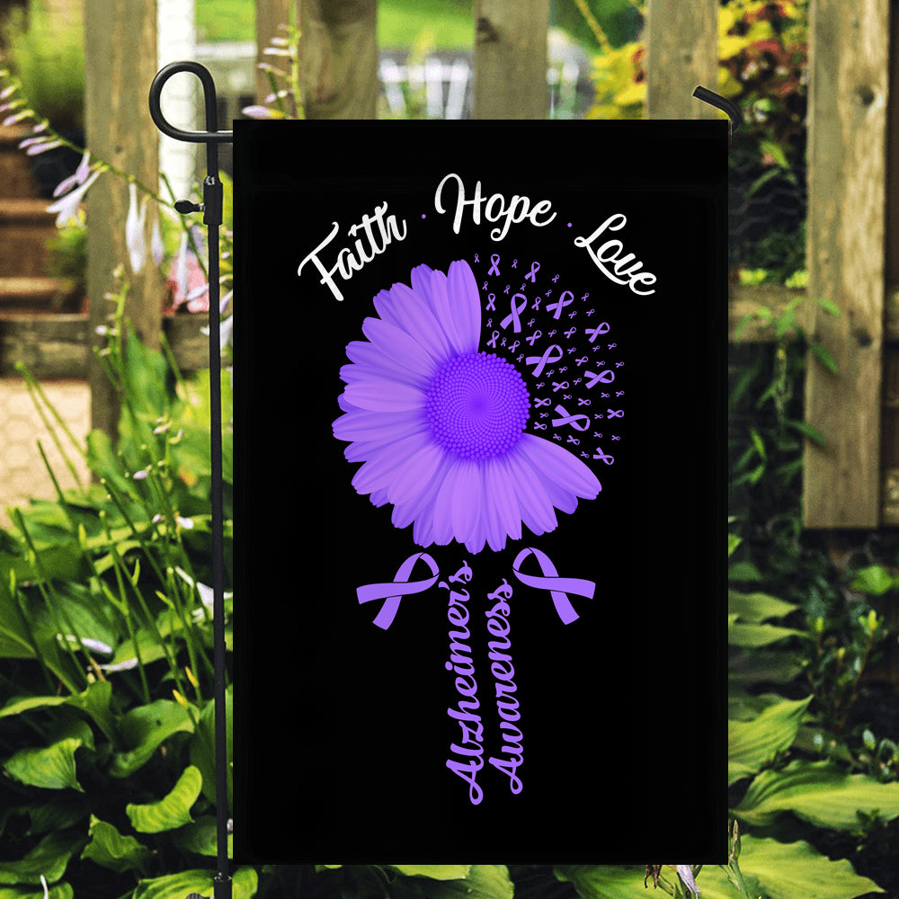 Faith Hope Love Alzheimer's Awareness Flag Daisy Flower Purple Ribbon Flag | Teecentury.com