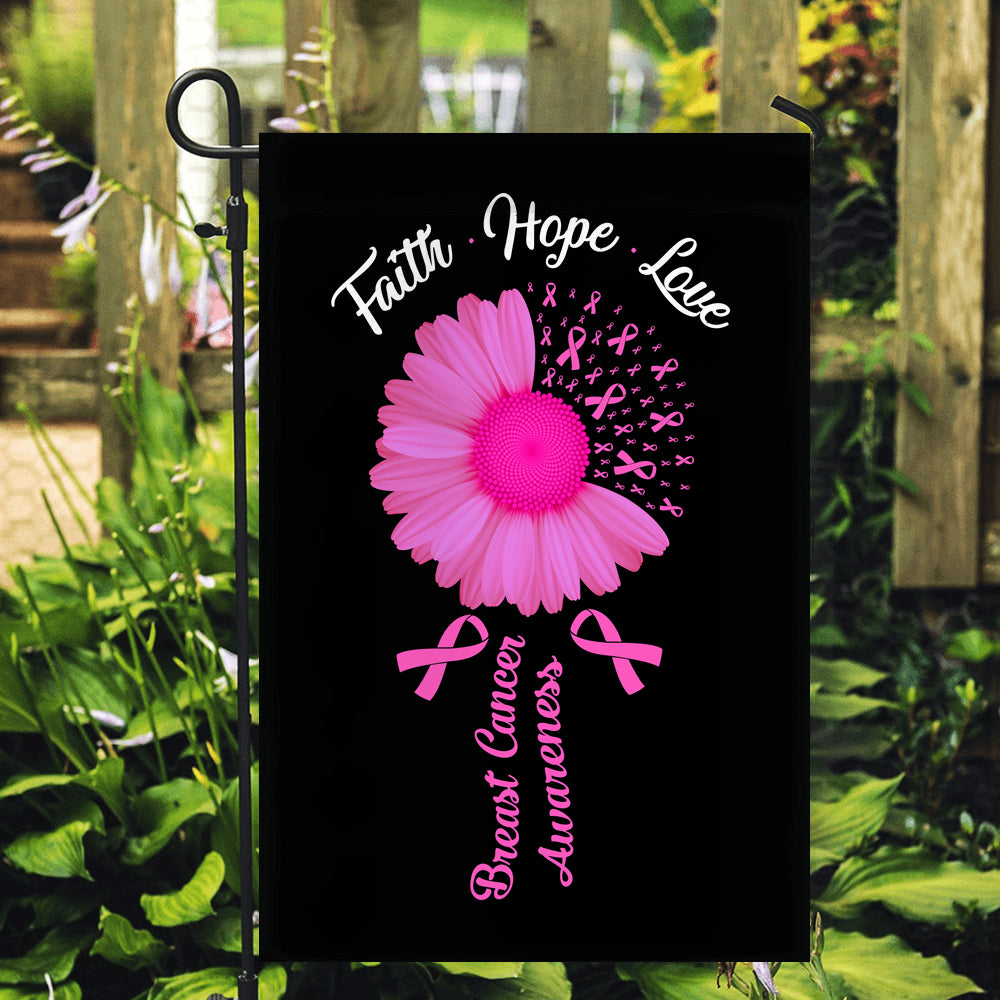 Faith Hope Love Breast Cancer Awareness Flag Daisy Flower Pink Ribbon Flag | Teecentury.com