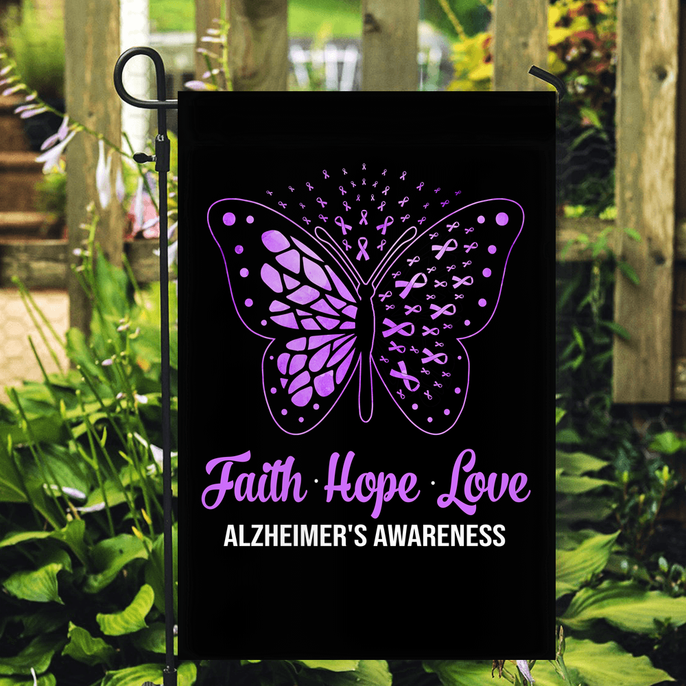 Faith Hope Love Butterfly Alzheimer's Awareness Flag Purple Ribbon Flag | Teecentury.com