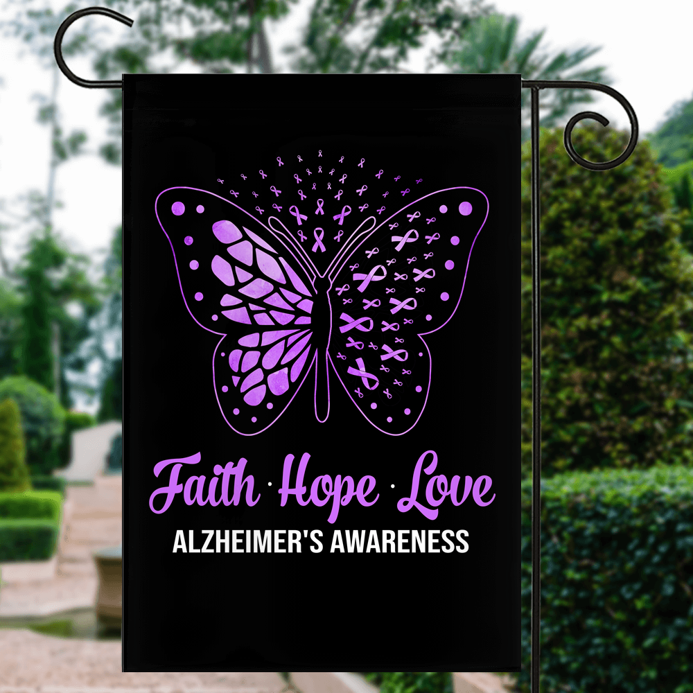 Faith Hope Love Butterfly Alzheimer's Awareness Flag Purple Ribbon Flag | Teecentury.com