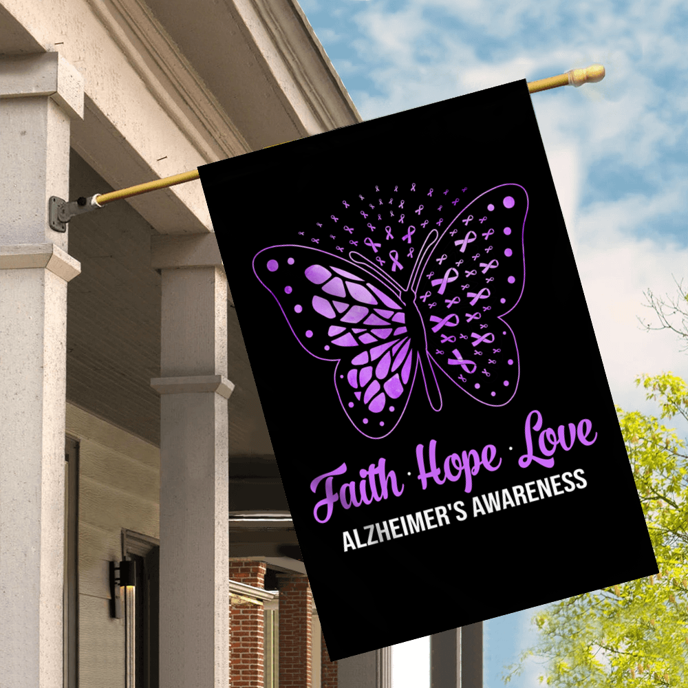 Faith Hope Love Butterfly Alzheimer's Awareness Flag Purple Ribbon Flag | Teecentury.com
