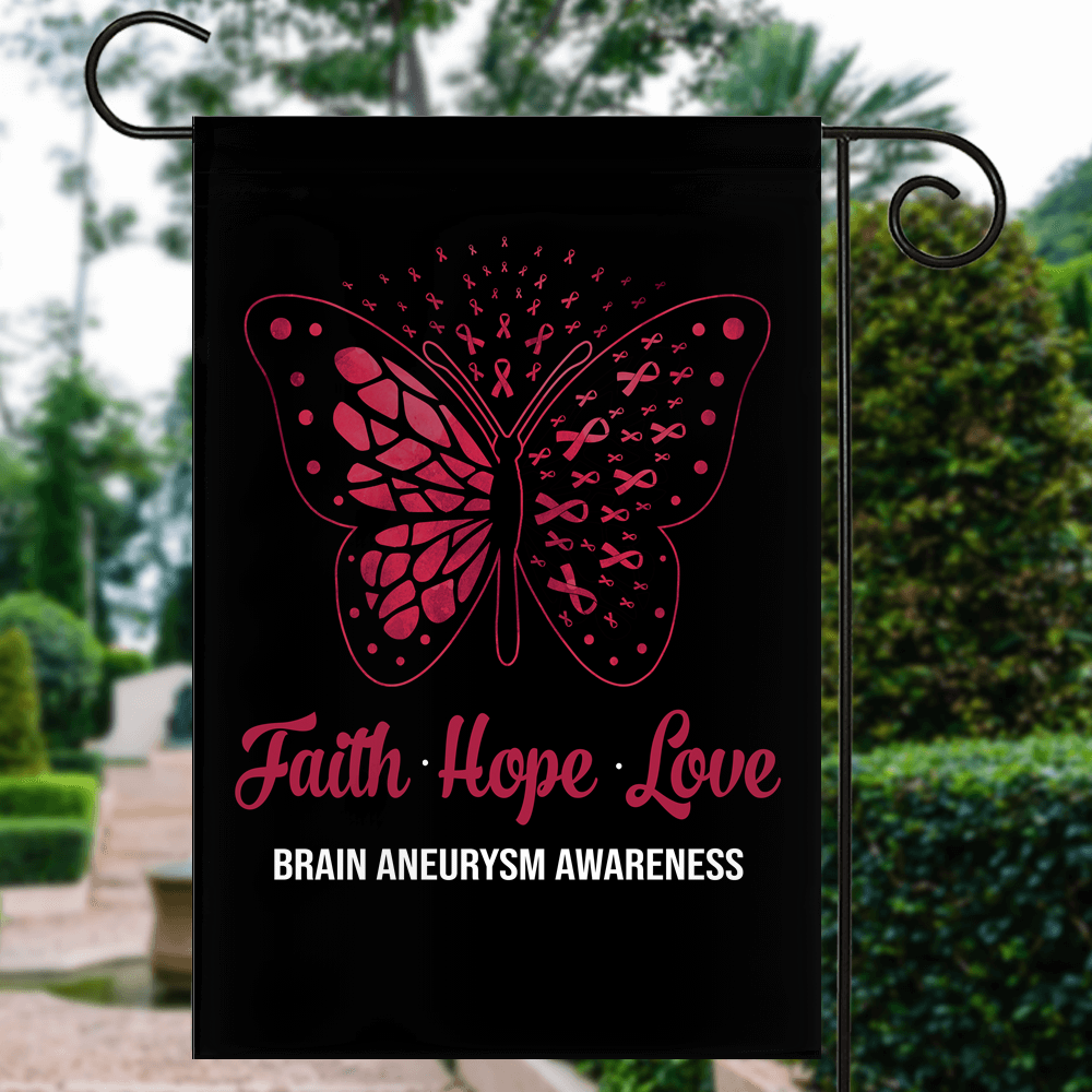 Faith Hope Love Butterfly Brain Aneurysm Awareness Flag Burgundy Ribbon Flag | Teecentury.com