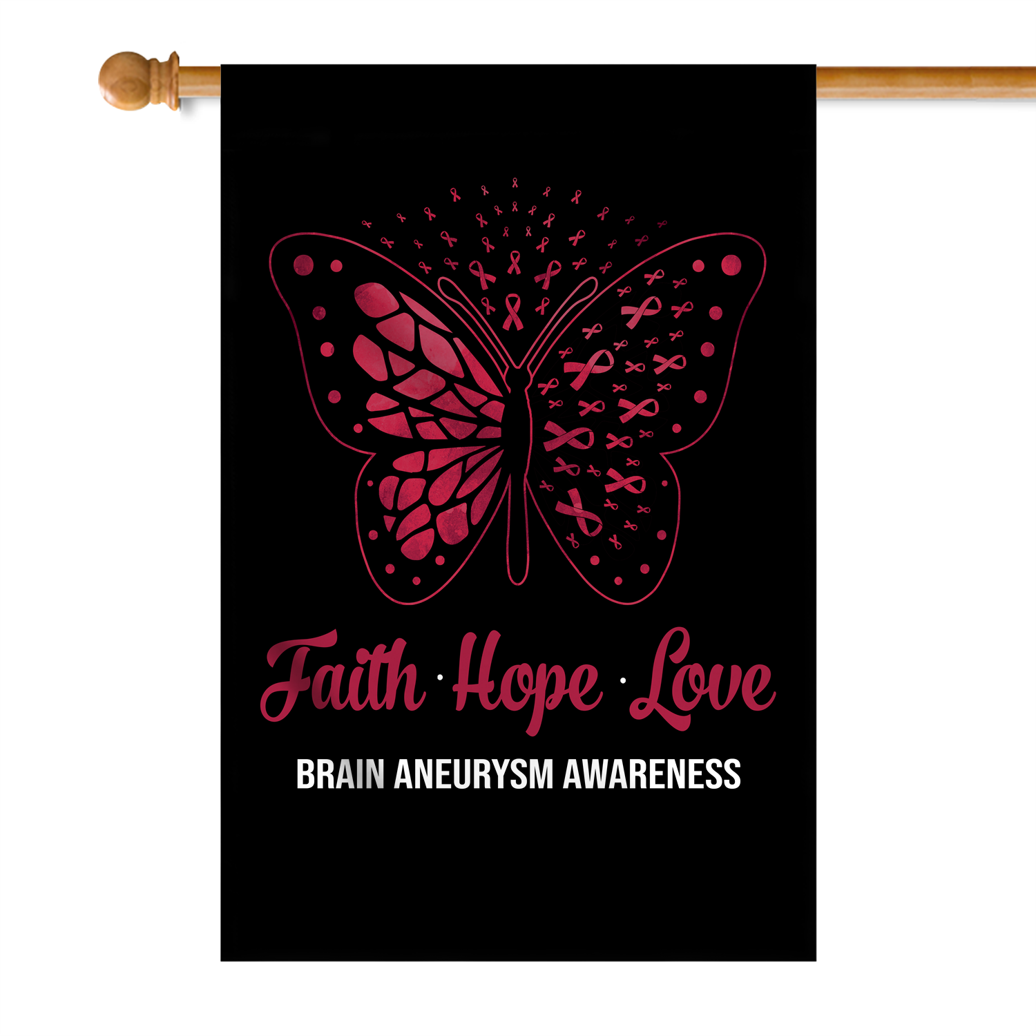 Faith Hope Love Butterfly Brain Aneurysm Awareness Flag Burgundy Ribbon Flag | Teecentury.com