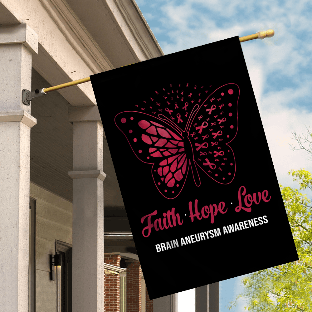 Faith Hope Love Butterfly Brain Aneurysm Awareness Flag Burgundy Ribbon Flag | Teecentury.com