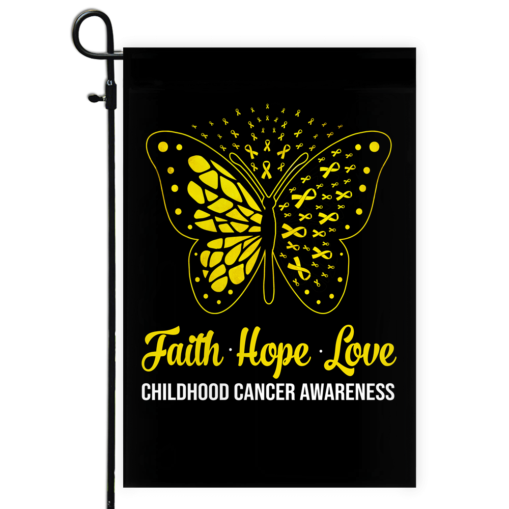Faith Hope Love Butterfly Childhood Cancer Awareness Flag Gold Ribbon Flag | Teecentury.com