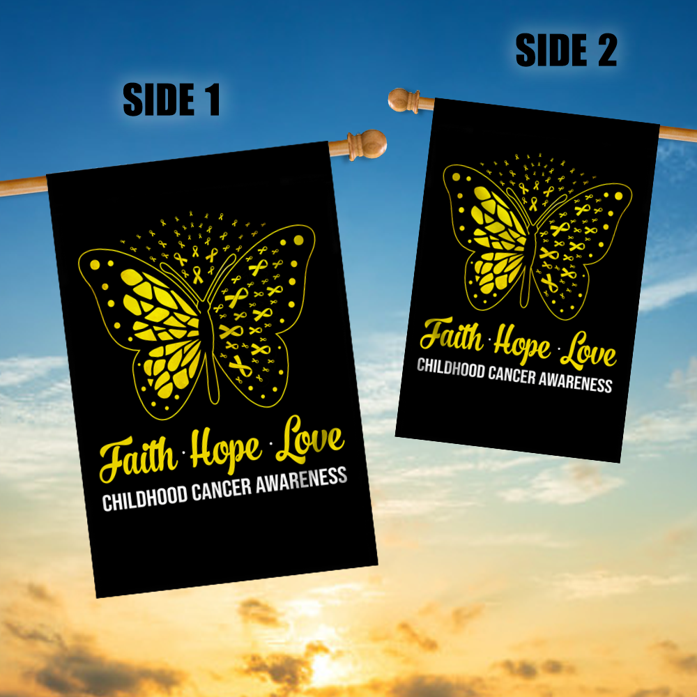Faith Hope Love Butterfly Childhood Cancer Awareness Flag Gold Ribbon Flag | Teecentury.com