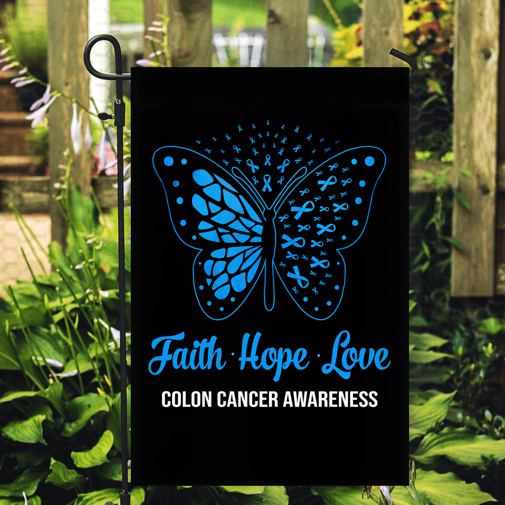 Faith Hope Love Butterfly Colon Cancer Awareness Flag Blue Ribbon Flag | Teecentury.com