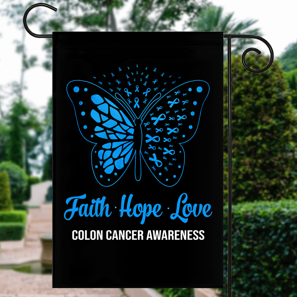 Faith Hope Love Butterfly Colon Cancer Awareness Flag Blue Ribbon Flag | Teecentury.com