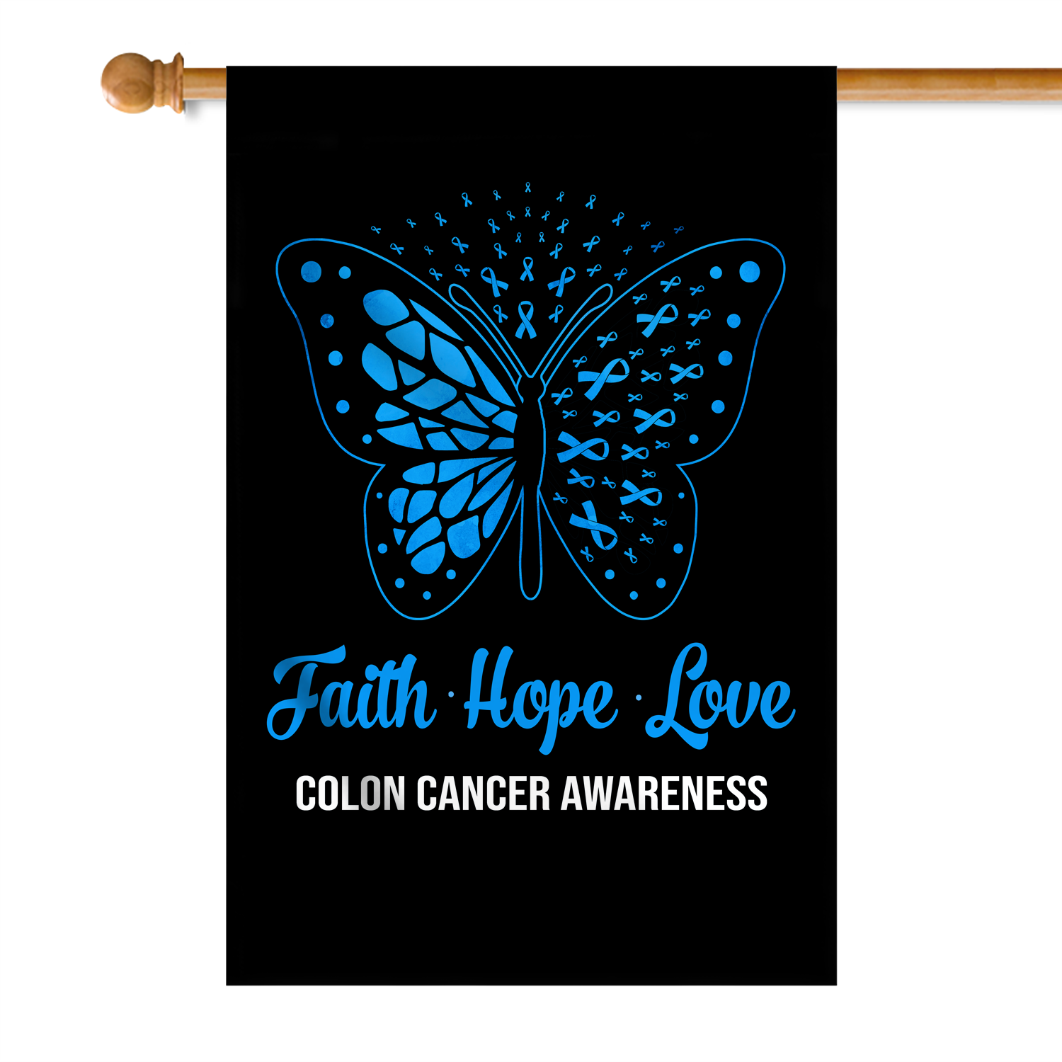 Faith Hope Love Butterfly Colon Cancer Awareness Flag Blue Ribbon Flag | Teecentury.com