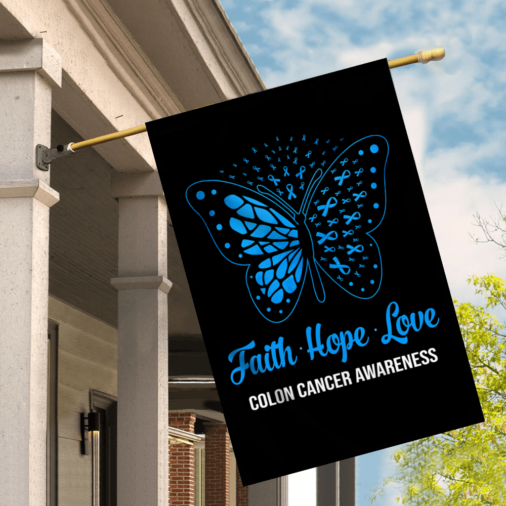 Faith Hope Love Butterfly Colon Cancer Awareness Flag Blue Ribbon Flag | Teecentury.com