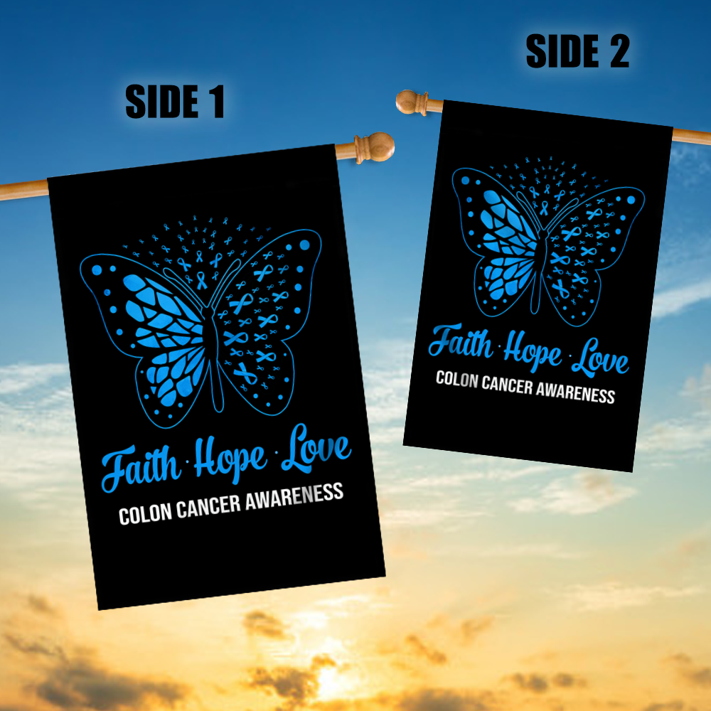 Faith Hope Love Butterfly Colon Cancer Awareness Flag Blue Ribbon Flag | Teecentury.com