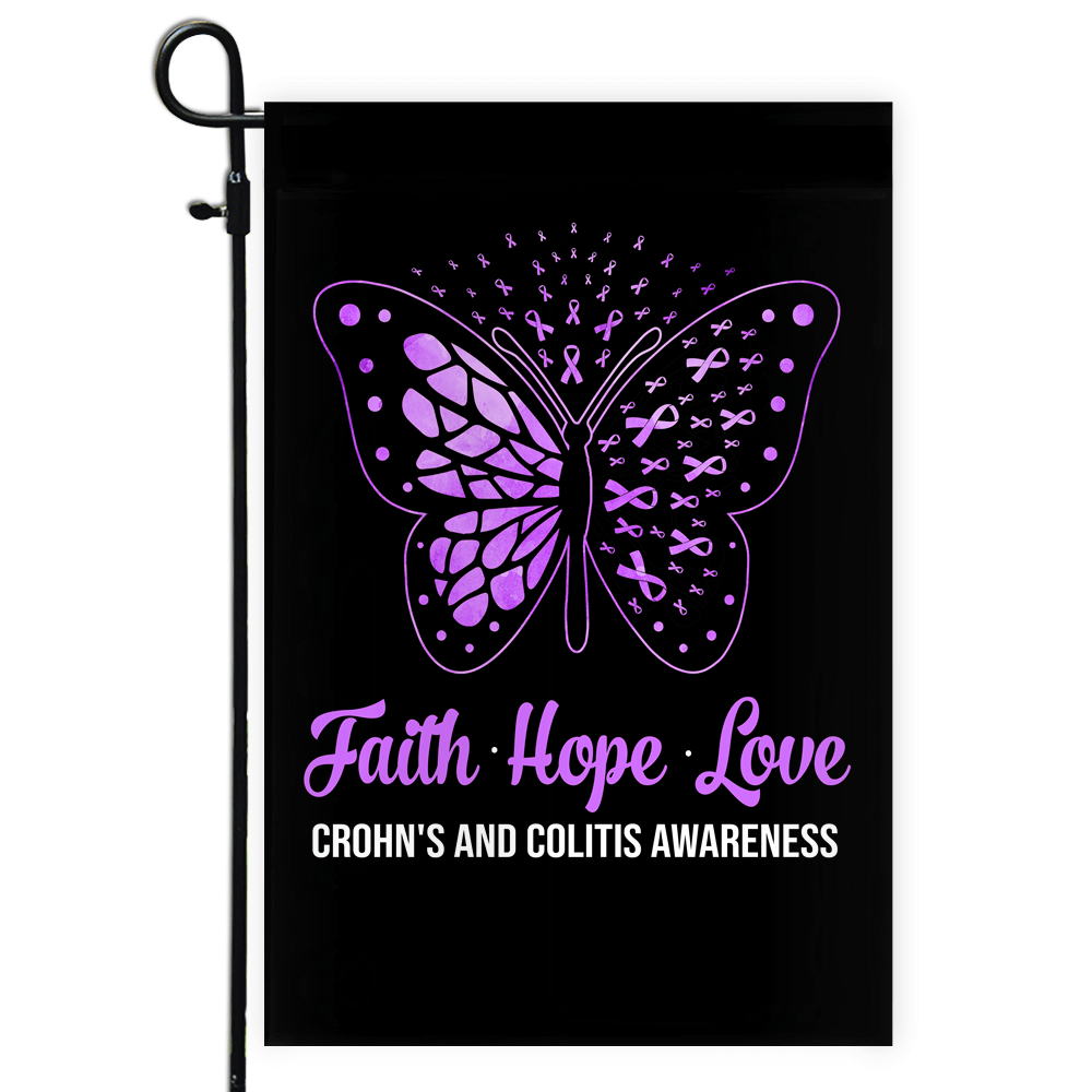 Faith Hope Love Butterfly Crohns Disease Awareness Flag Purple Ribbon Flag | Teecentury.com