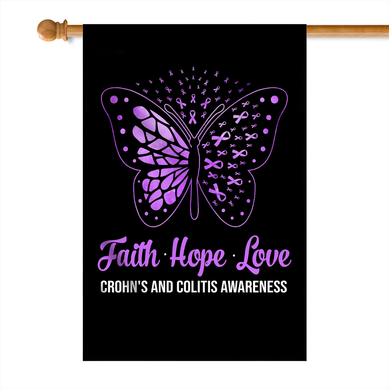 Faith Hope Love Butterfly Crohns Disease Awareness Flag Purple Ribbon Flag | Teecentury.com