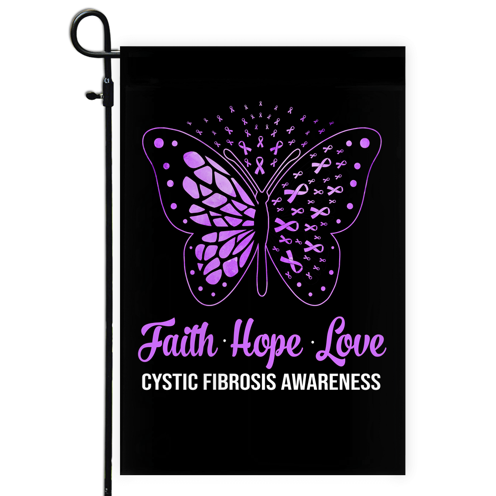 Faith Hope Love Butterfly Cystic Fibrosis Awareness Flag Purple Ribbon Flag | Teecentury.com