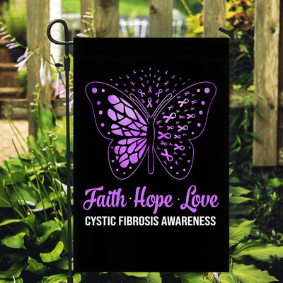 Faith Hope Love Butterfly Cystic Fibrosis Awareness Flag Purple Ribbon Flag | Teecentury.com