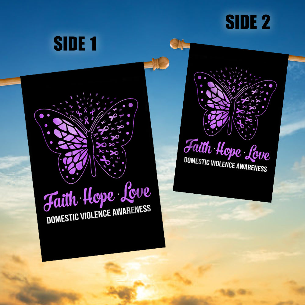 Faith Hope Love Butterfly Domestic Violence Awareness Flag Purple Ribbon Flag | Teecentury.com