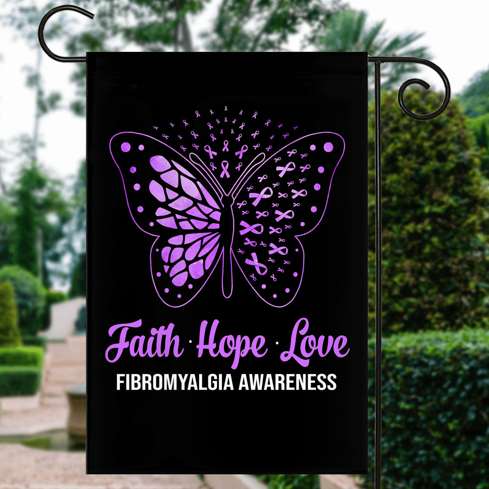 Faith Hope Love Butterfly Fibromyalgia Awareness Flag Purple Ribbon Flag | Teecentury.com