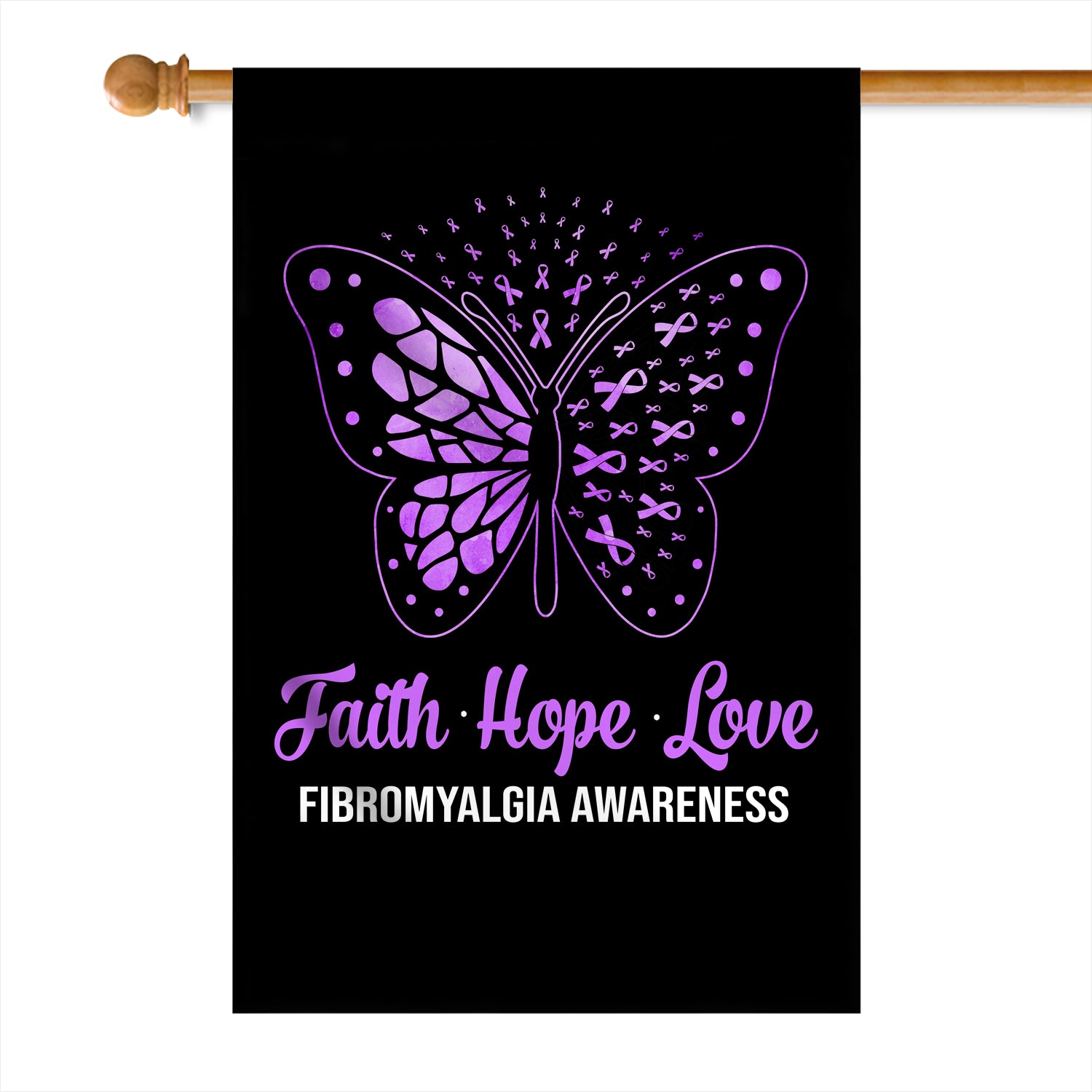 Faith Hope Love Butterfly Fibromyalgia Awareness Flag Purple Ribbon Flag | Teecentury.com