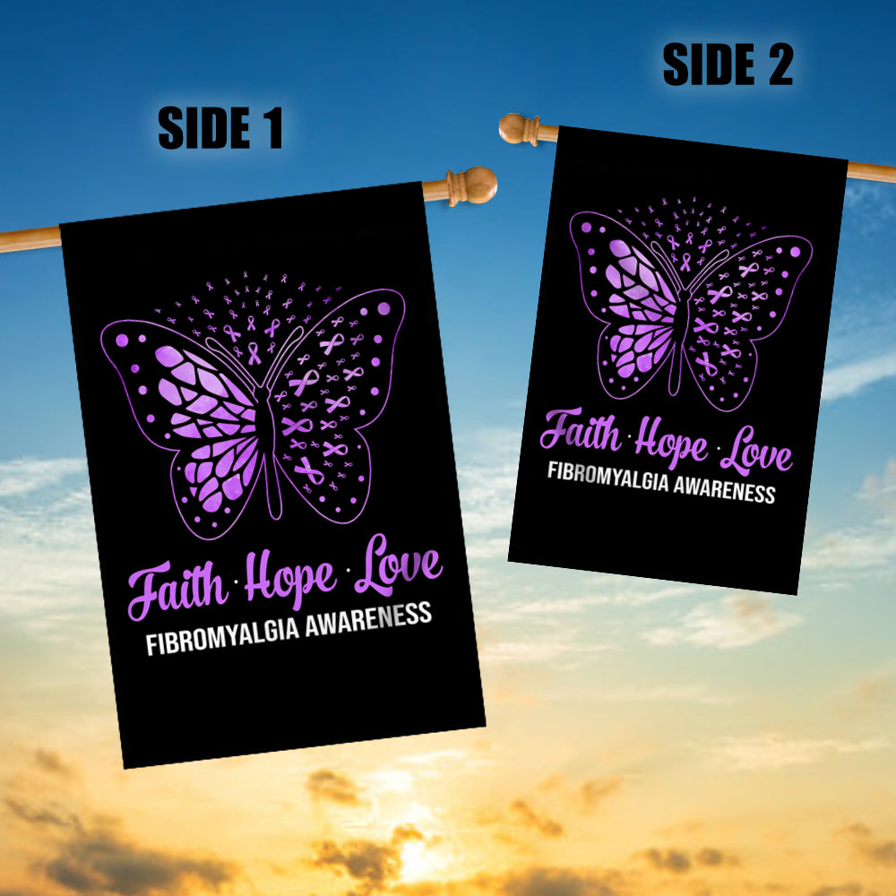 Faith Hope Love Butterfly Fibromyalgia Awareness Flag Purple Ribbon Flag | Teecentury.com