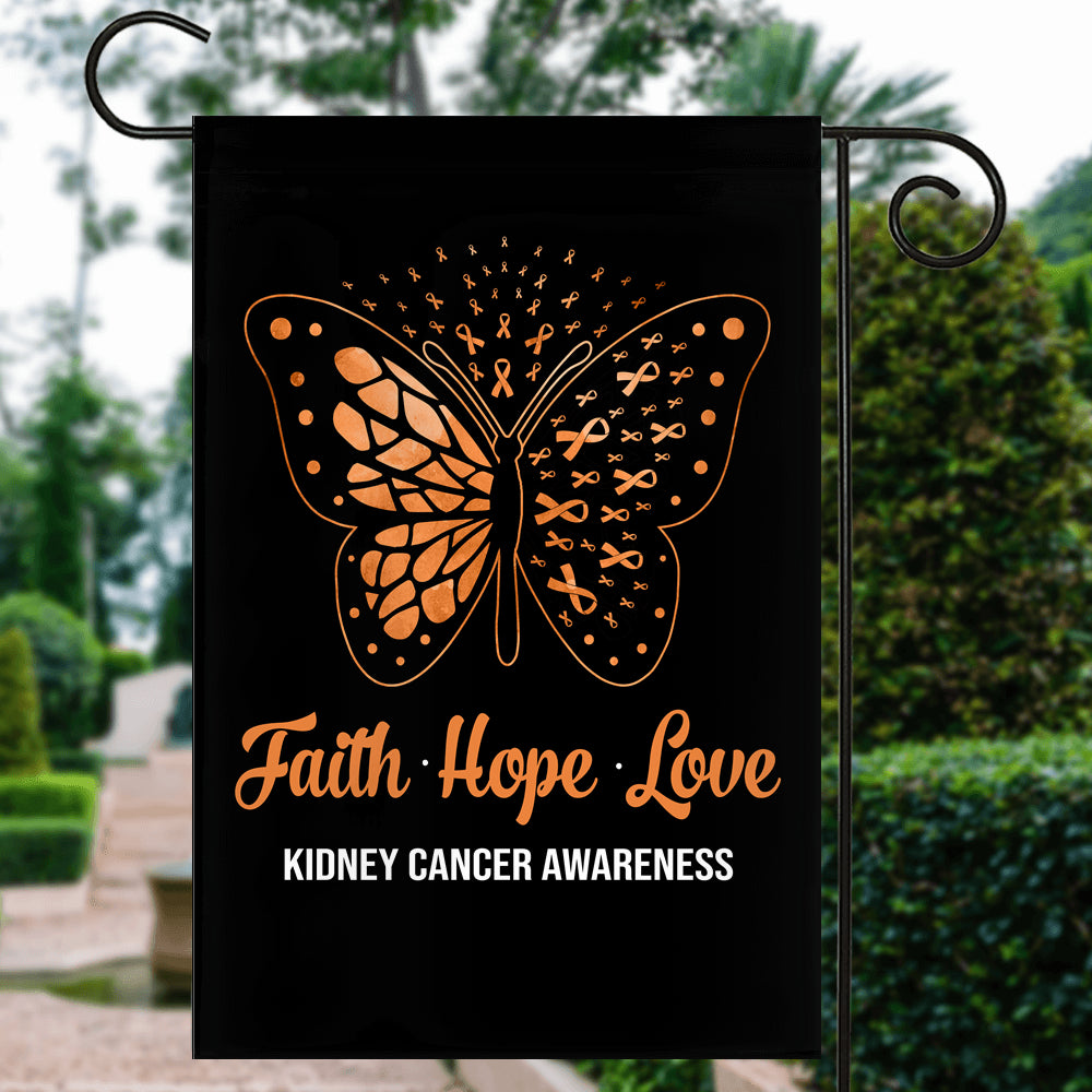 Faith Hope Love Butterfly Kidney Cancer Awareness Flag Orange Ribbon Flag | Teecentury.com