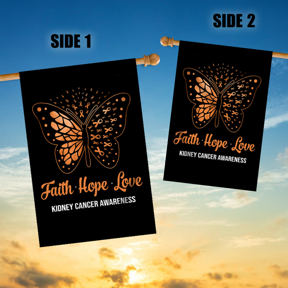 Faith Hope Love Butterfly Kidney Cancer Awareness Flag Orange Ribbon Flag | Teecentury.com