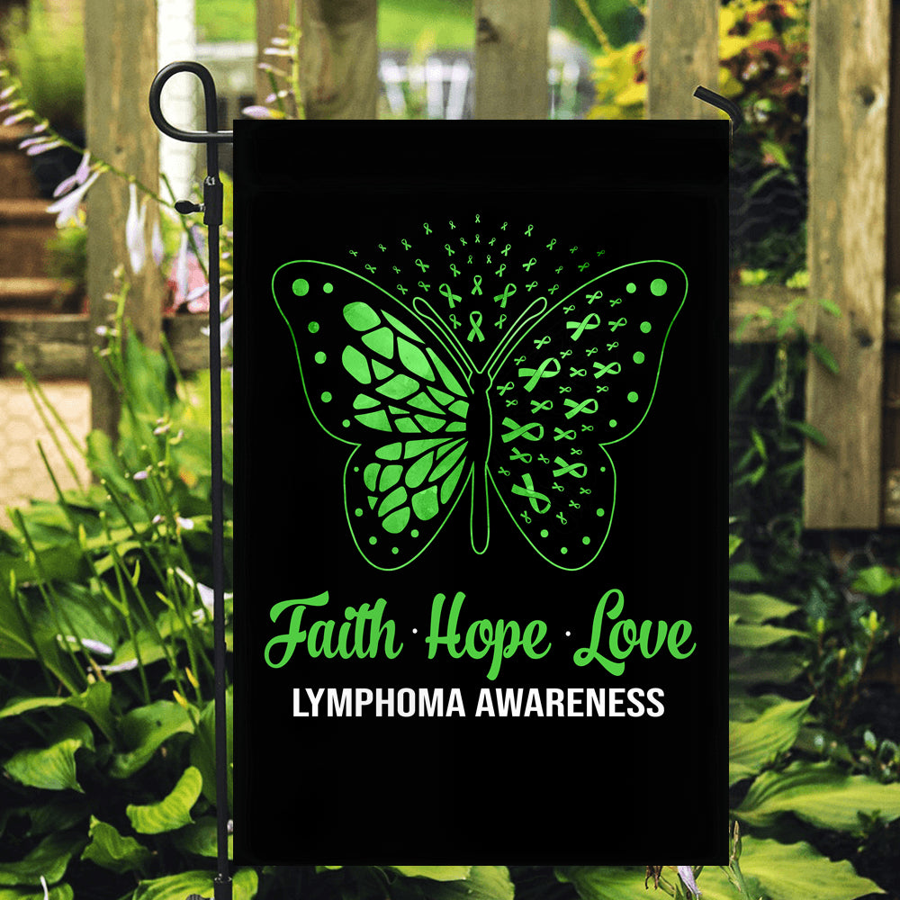 Faith Hope Love Butterfly Lymphoma Cancer Awareness Flag Green Ribbon Flag | Teecentury.com