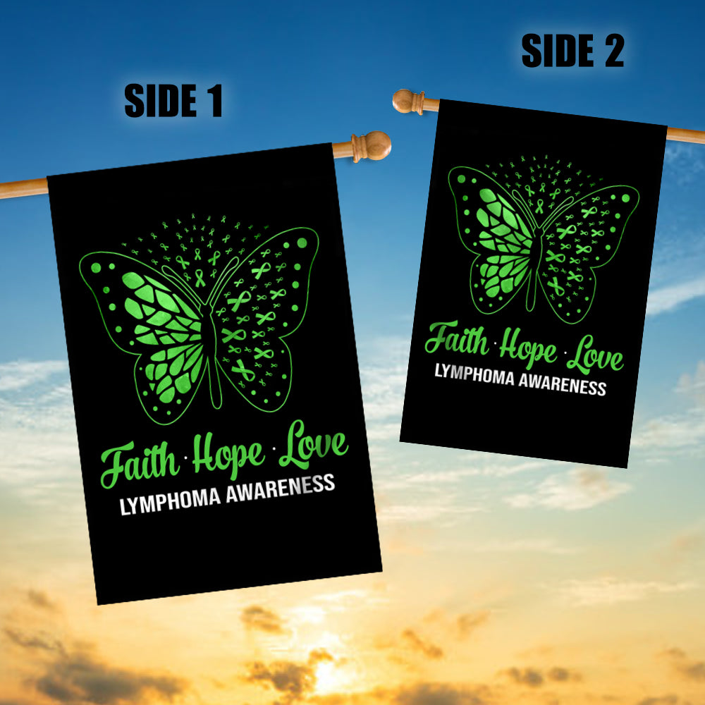 Faith Hope Love Butterfly Lymphoma Cancer Awareness Flag Green Ribbon Flag | Teecentury.com