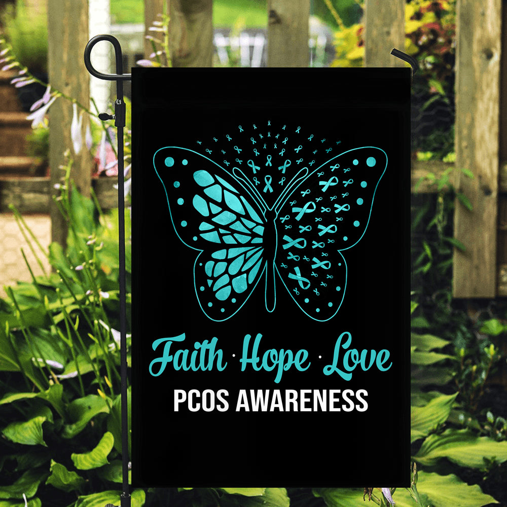 Faith Hope Love Butterfly PCOS Awareness Flag Teal Ribbon Flag | Teecentury.com