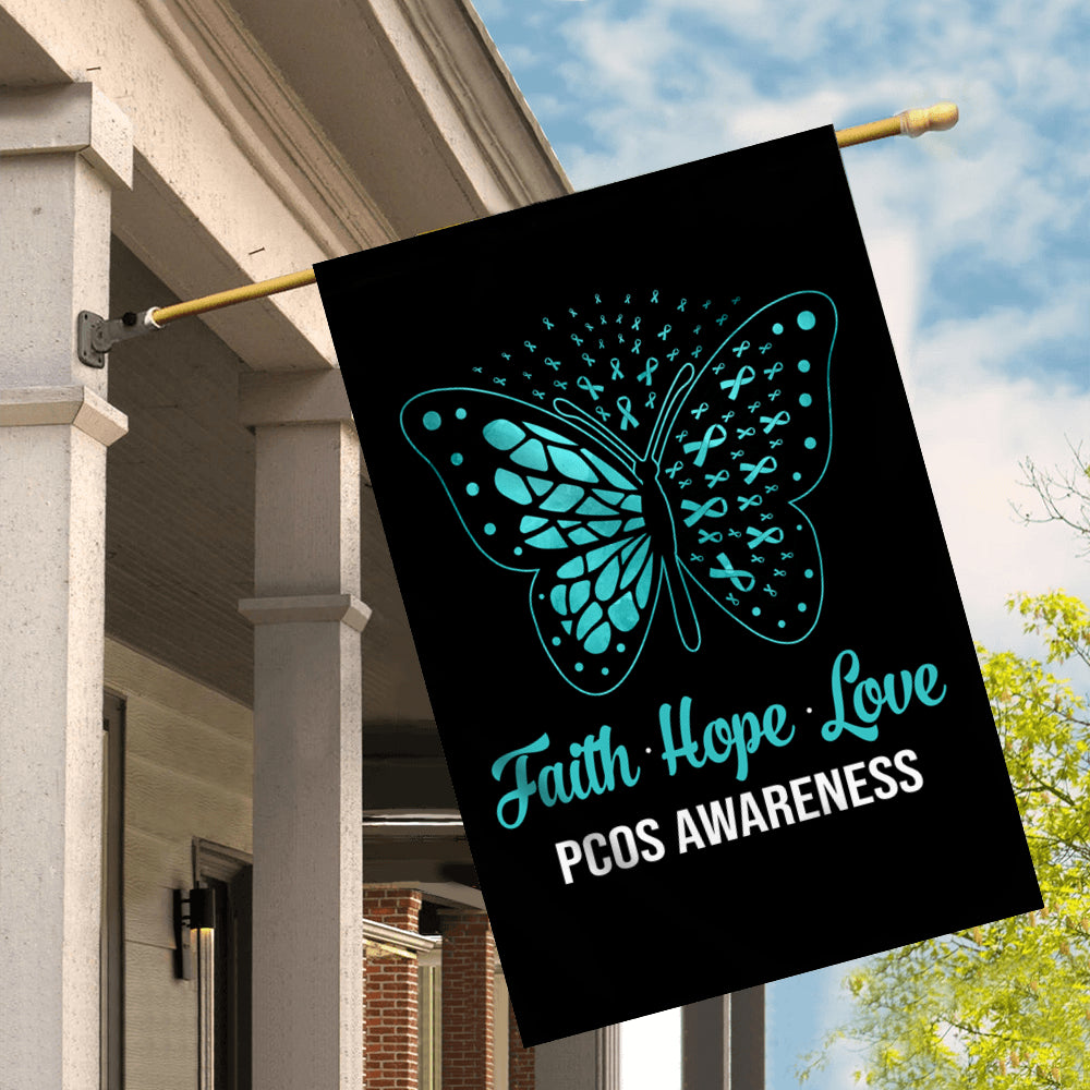 Faith Hope Love Butterfly PCOS Awareness Flag Teal Ribbon Flag | Teecentury.com