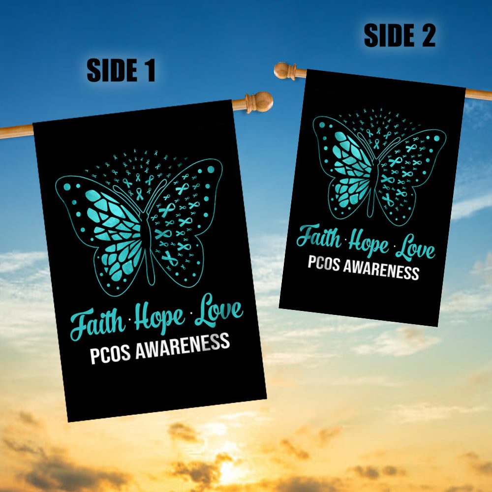 Faith Hope Love Butterfly PCOS Awareness Flag Teal Ribbon Flag | Teecentury.com