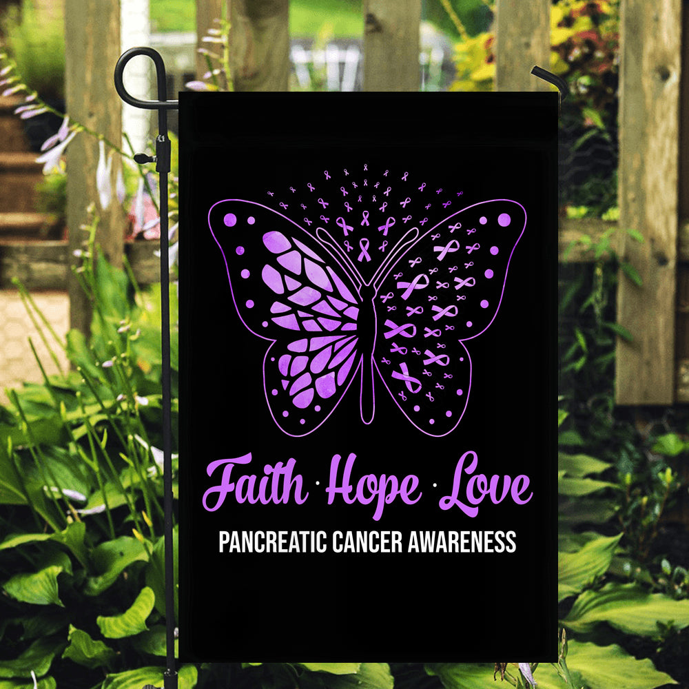 Faith Hope Love Butterfly Pancreatic Cancer Awareness Flag Purple Ribbon Flag | Teecentury.com