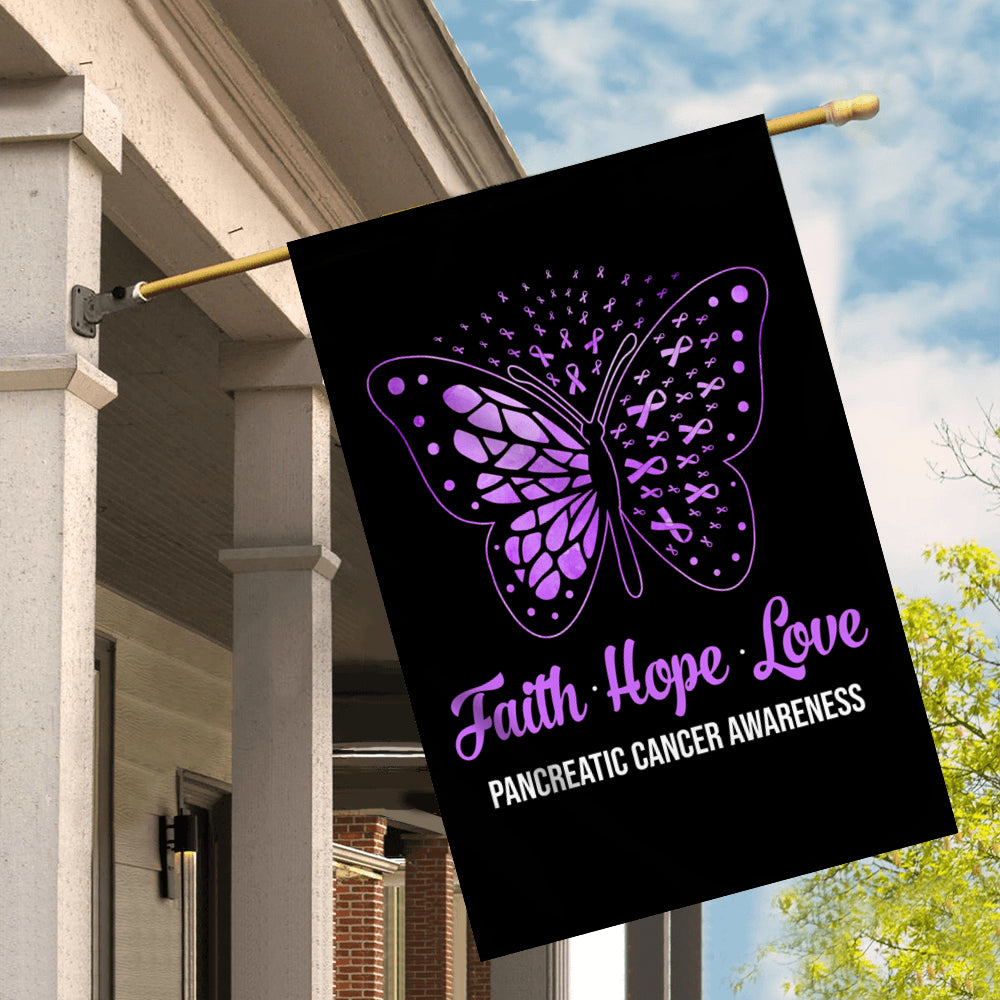 Faith Hope Love Butterfly Pancreatic Cancer Awareness Flag Purple Ribbon Flag | Teecentury.com
