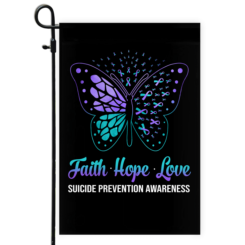 Faith Hope Love Butterfly Suicide Prevention Awareness Flag Teal and Purple Ribbon Flag | Teecentury.com