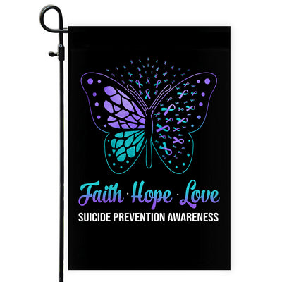 Faith Hope Love Butterfly Suicide Prevention Awareness Flag Teal and Purple Ribbon Flag | Teecentury.com