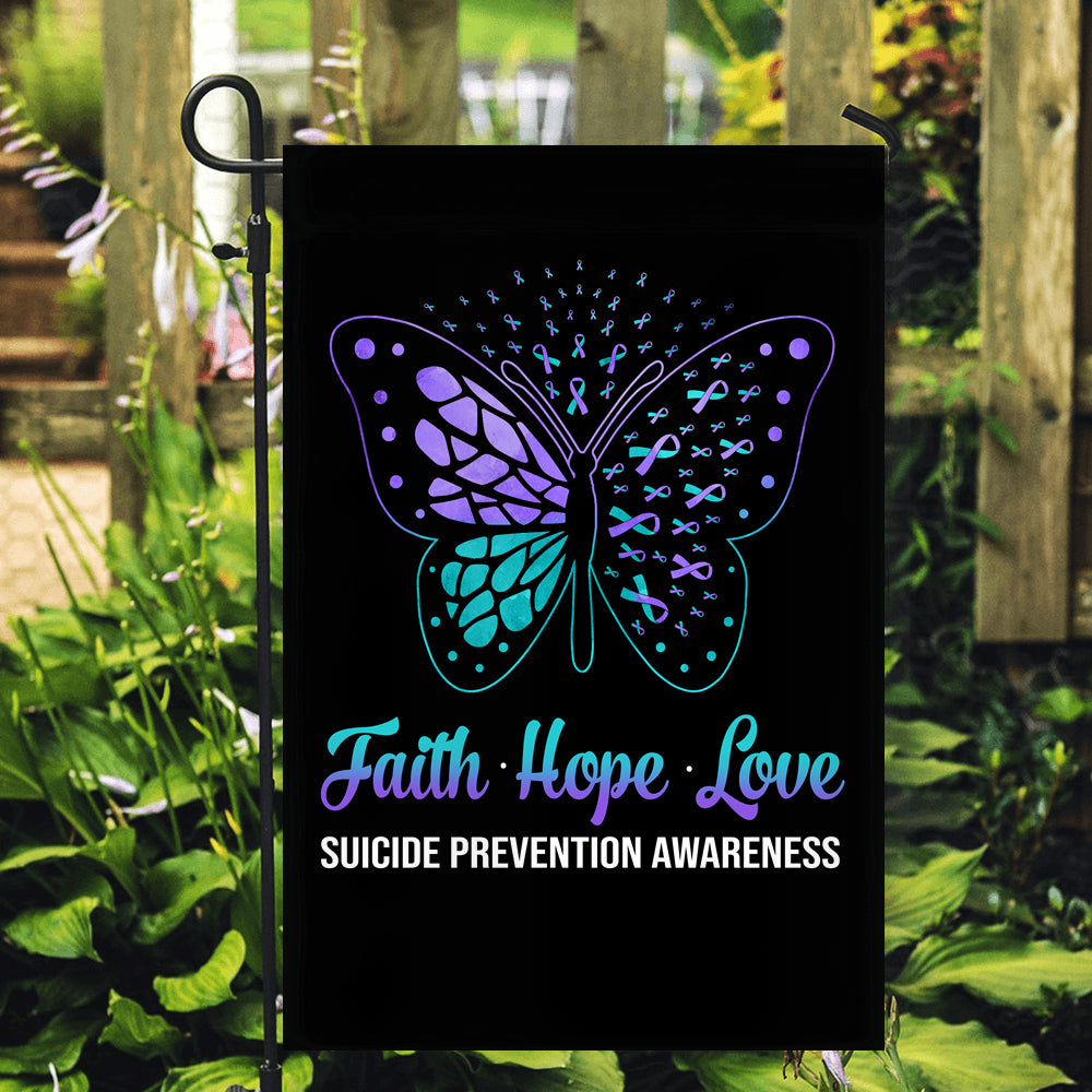 Faith Hope Love Butterfly Suicide Prevention Awareness Flag Teal and Purple Ribbon Flag | Teecentury.com