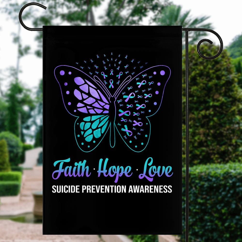 Faith Hope Love Butterfly Suicide Prevention Awareness Flag Teal and Purple Ribbon Flag | Teecentury.com